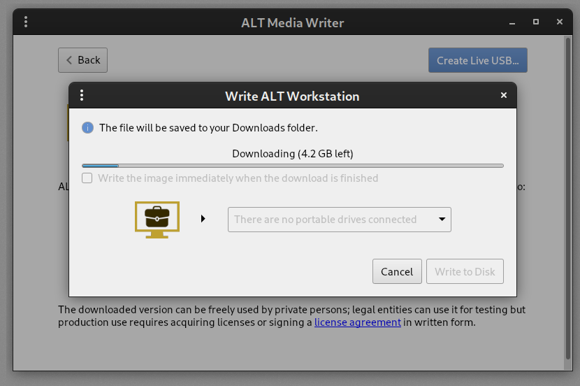 ALT Media Writer download dialog