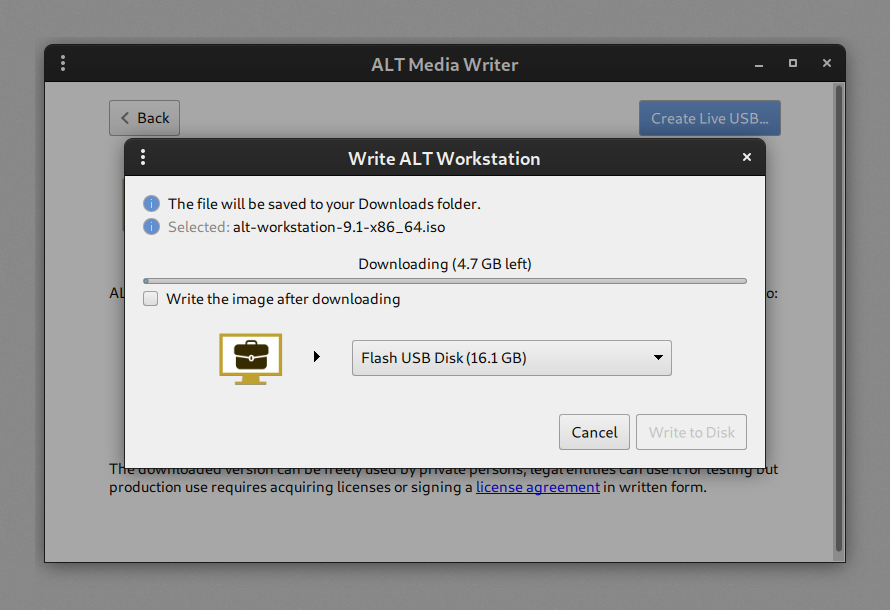 ALT Media Writer download dialog