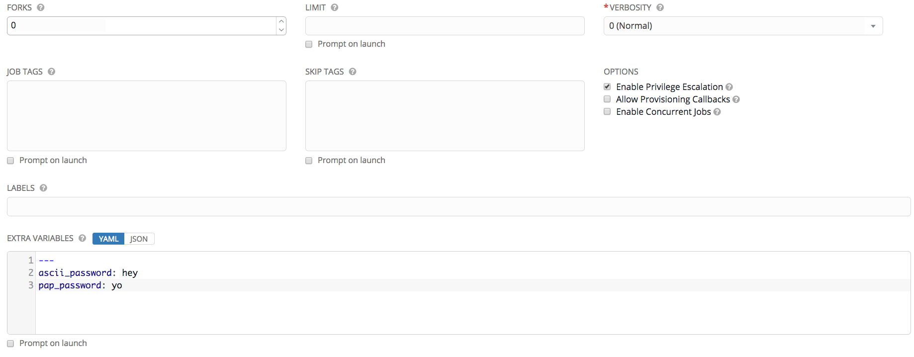 Example tacacs+ setup jt parameters